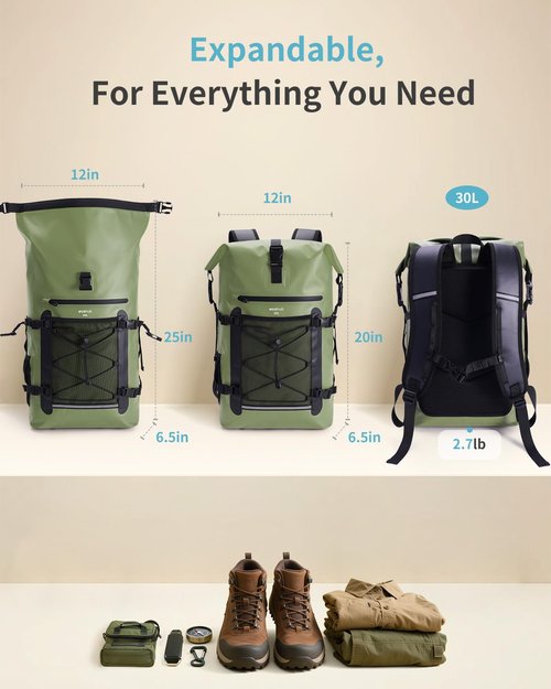 ECOHUB Waterproof Backpack for Women Men, 30L Roll-Top Closure Heavy Duty Dry Bag for Travel Kayaking Boating Hiking Floating with IPX8 Waterproof Phone Case (Green)