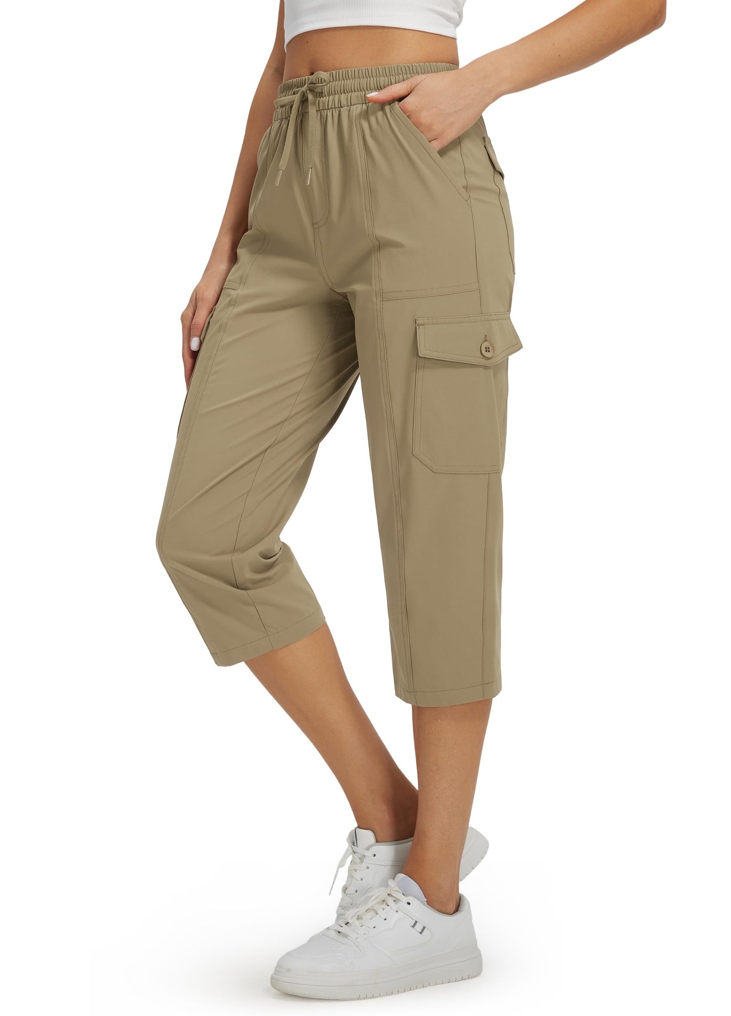 Libin Women's Capri Pants Cargo Capris Travel Hiking Casual Summer Cropped Pants Stretch Quick Dry Water Resistant, Dark Khaki L