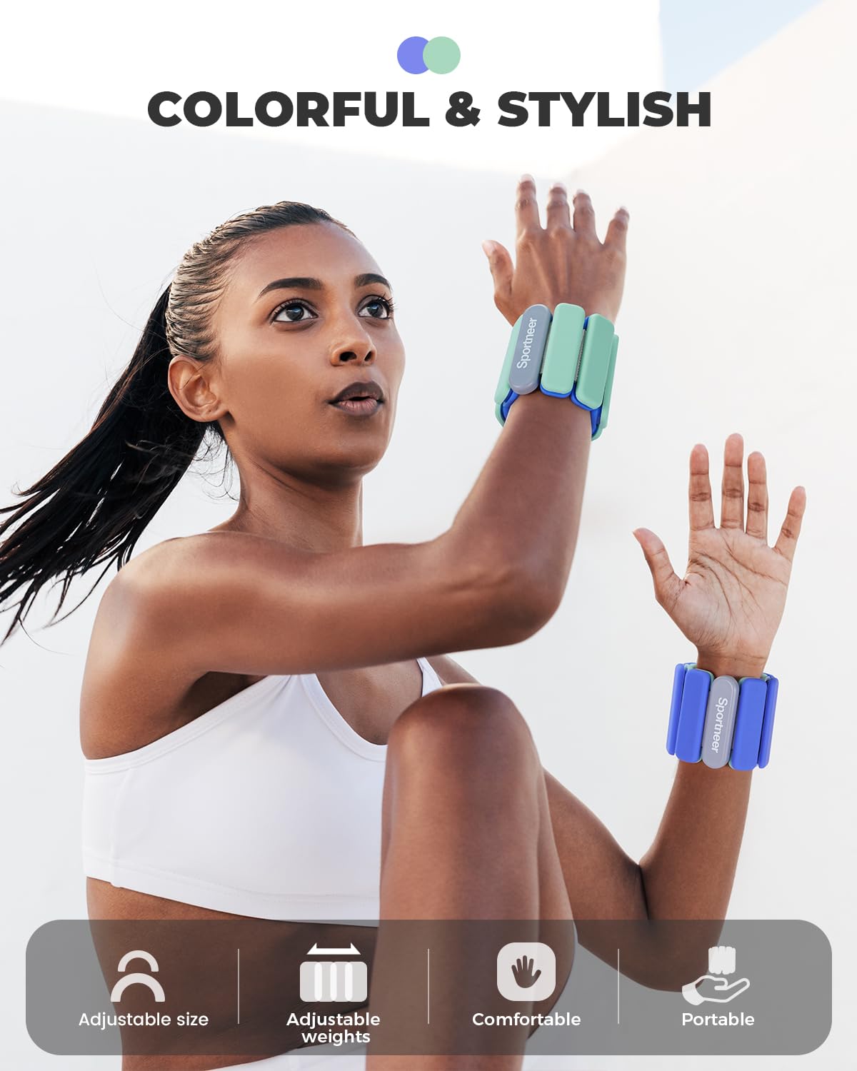 Sportneer Wrist & Ankle Weights for Women Men 2 lbs (1 lb Each) Adjustable Silicone Weighted Bracelet Set for Gym Yoga Pilates Cardio Strength Training Wearable Arm Hand Workout Weights