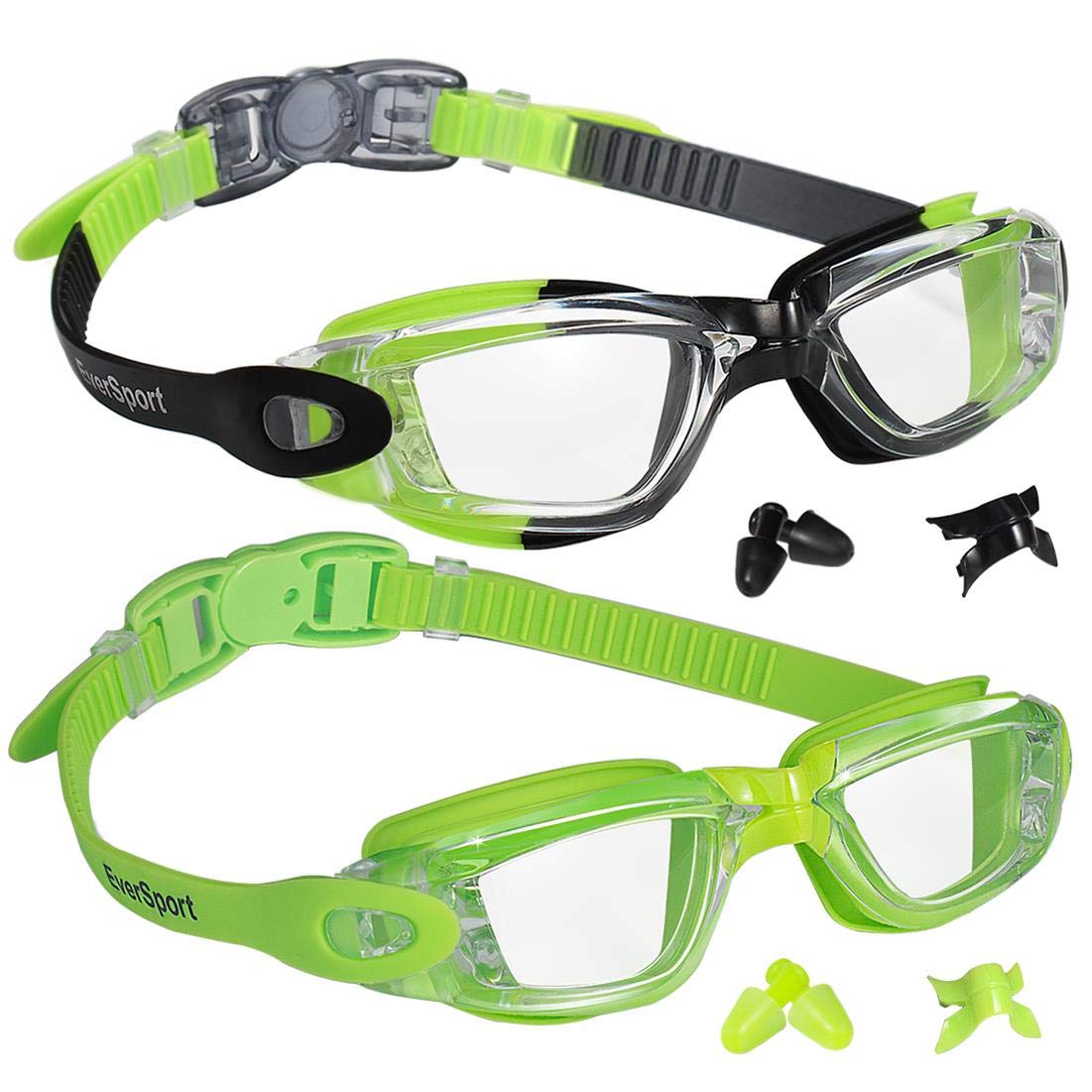 EverSport Kids Portable Swim Goggles, Pack of 2 Swimming Goggles for Children Teens, Anti-Fog Anti-UV Youth Swim Glasses Leak Proof for Age4-16, Green/Black & Green