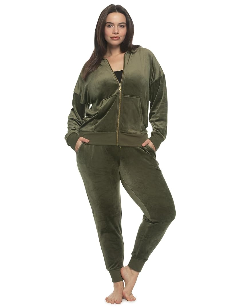 Felina Womens Velour Zip Hoodie & Jogger Set - Deep Olive, Large