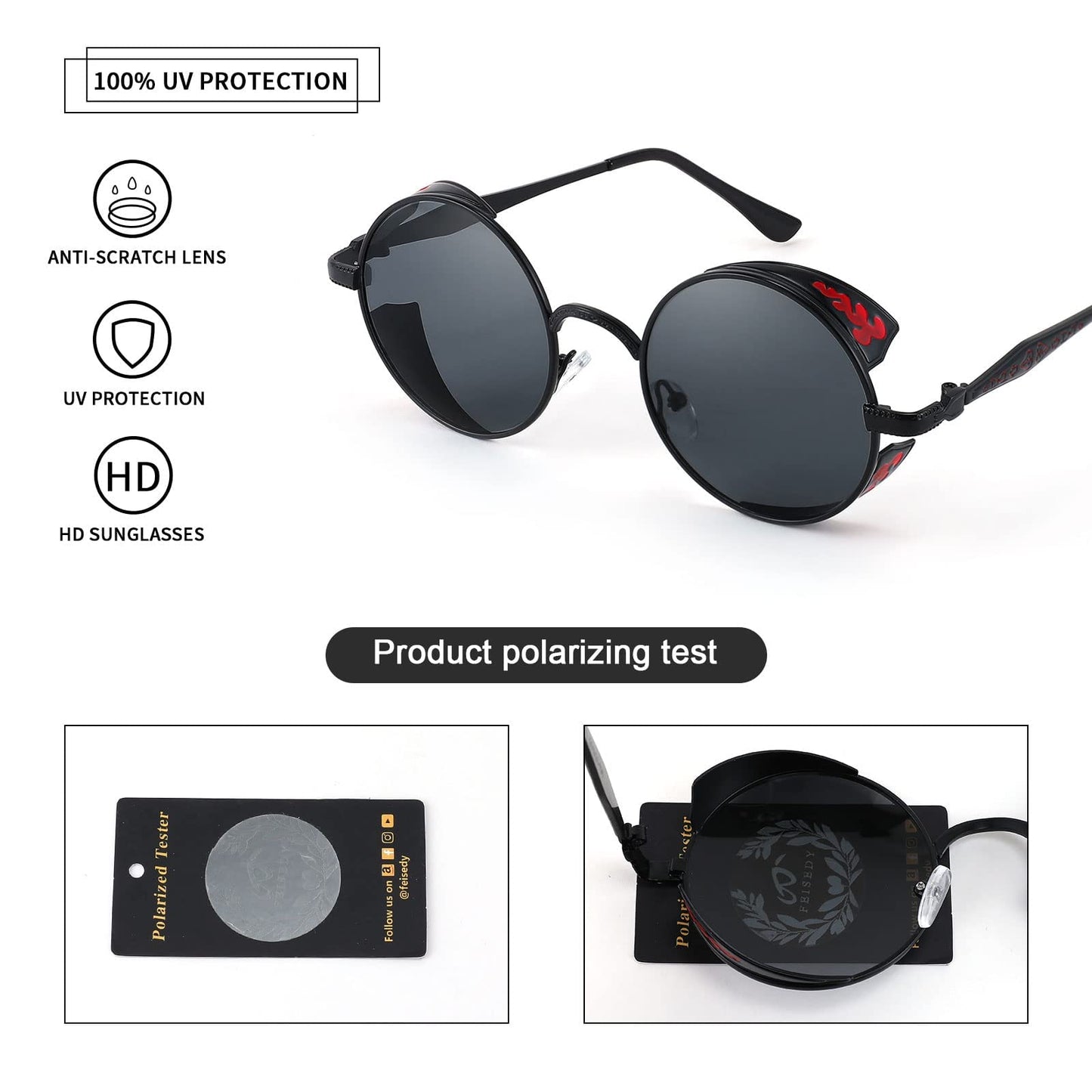 FEISEDY Retro Steampunk Sunglasses for Men Women, Round Metal Frame Gothic Vintage Style B2820