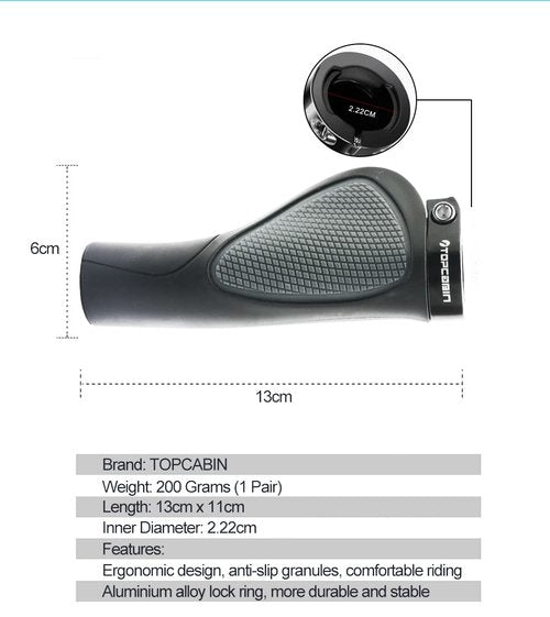 TOPCABIN Ergonomic Bicycle Grips - Widen Holding Rubber Bike Handlebar Grips with Aluminum LockGrips for Mountain & Road Bikes (Comfort Big Area - Black & Grey)