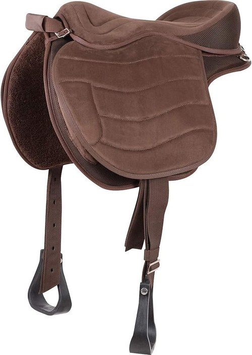 FEED N CARE Freemax Synthetic Treeless Bareback Western Endurance Saddle with Full Suede Long Flap – Lightweight and ComfortableIncludes Matching Girth and Stirrups (Brown, 17" Inch)