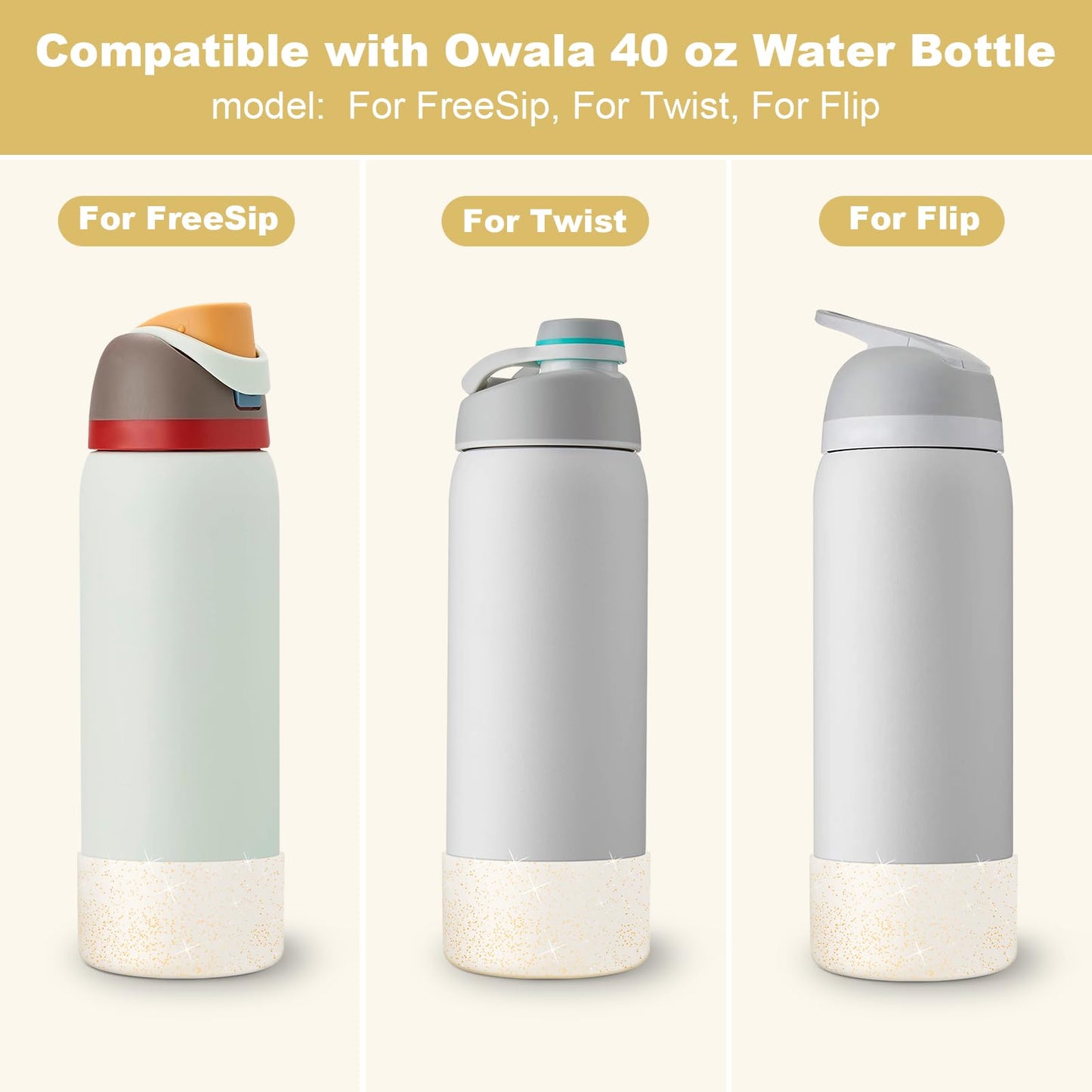 Beonsky 2 PCS Glitter Silicone Boot for Owala Water Bottle 40 oz, Anti-Slip Protective Sleeve for FreeSip/Twist/Flip Stainless Steel Water Bottles Accessories