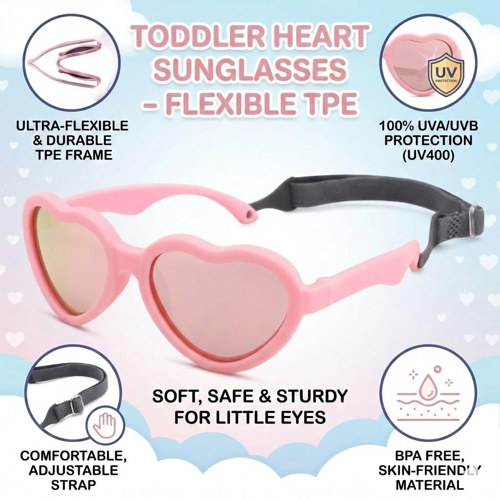 GLARDEFE Kids Heart Polarized Sunglasses - TPEE Rubber Flexible Toddler Sunglasses with Strap for Girls Boys Age 2-8(Pink/Pink Mirror + Purple/Purple Mirror), Medium