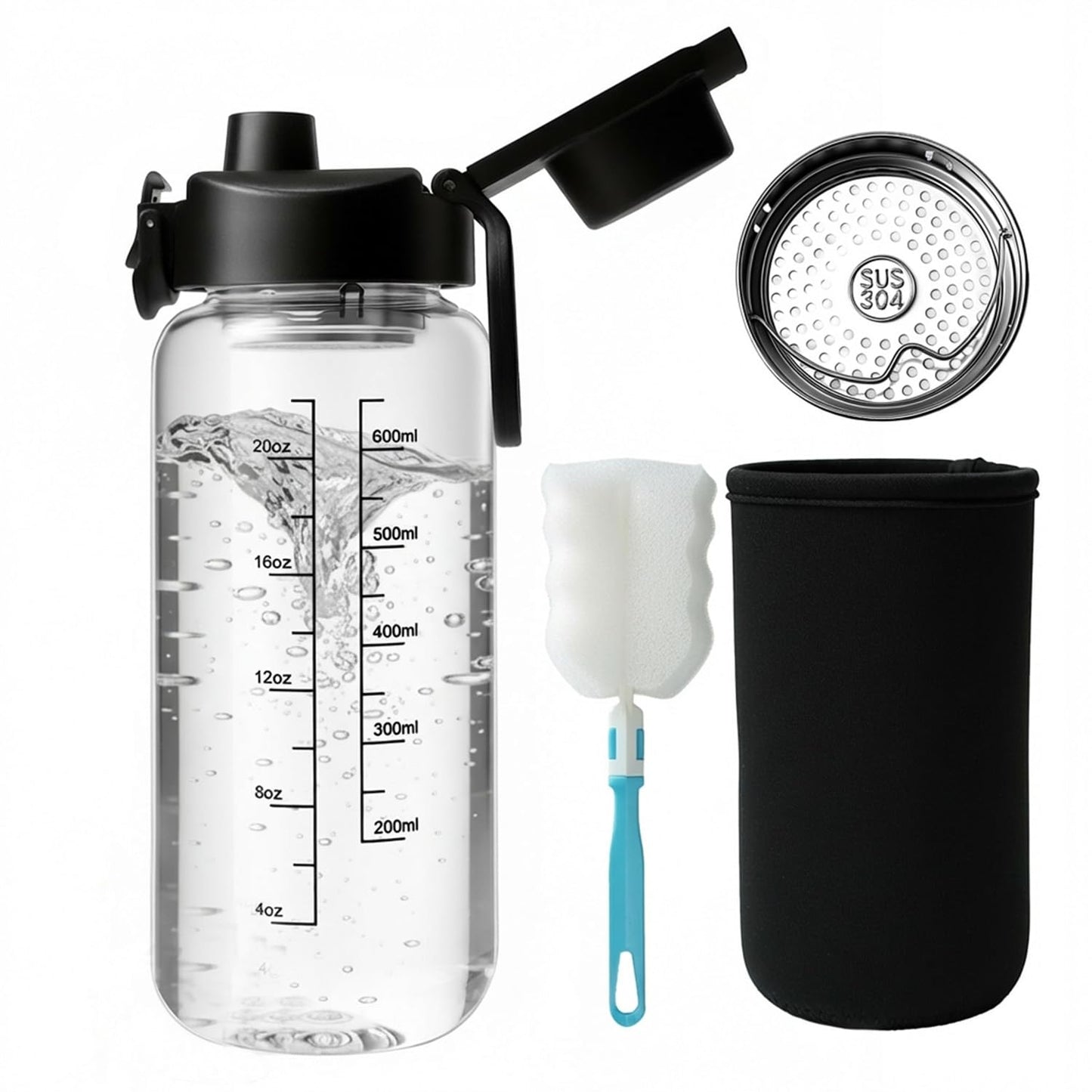 Neodaco 24 OZ Glass Shaker Bottle, Odorless Shaker Bottle with 304 Stainless Steel Ball and Removable Cleaning Brush for Fitness Protein Mixes