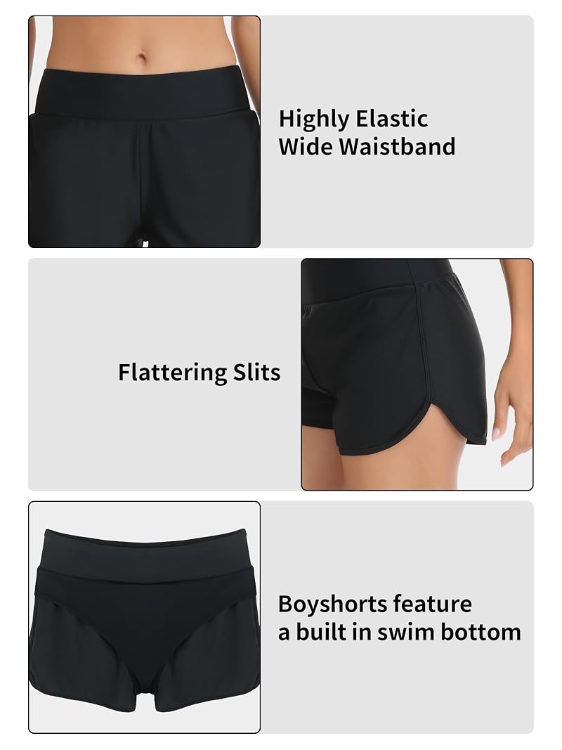 Relleciga Women's High Waist Swim Shorts with Built-in Brief - Black, Medium