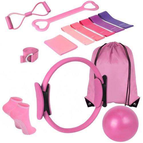 KABCON Pilates Ring Essentials Set for Women with 9.8” Exercise Ball,Elastic Bands, Yoga Socks, Carrying Bag, 13-Pcs Home Workout Set