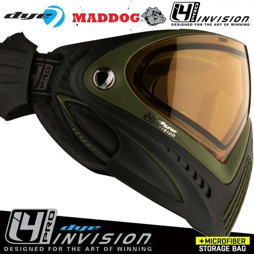 Maddog Dye I4 PRO Thermal Dual-Pane Anti-Fog Lens Paintball Airsoft Mask Goggle System Combo with Microfiber Storage Bag | High Performance Safety Certified Protection - SRGNT (Black/Olive)