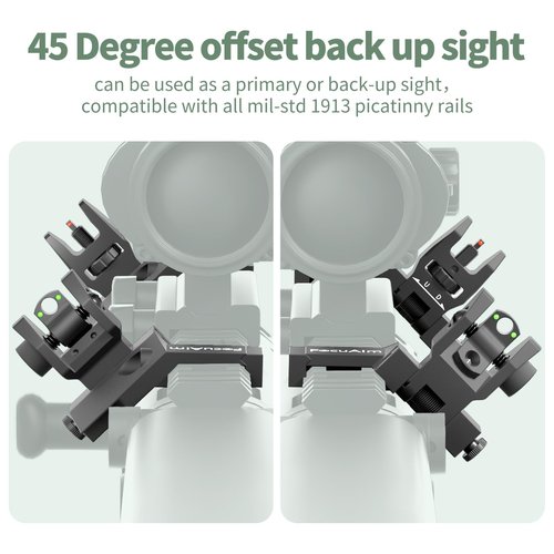 FocuAim T3 Fiber Optic Offset Iron Sight, Low Profile 45 Degree Front and Rear Backup Sights with Green Red Dot for Picatinny Mount, Spring-Loaded and Tool-Free Adjustment, Black
