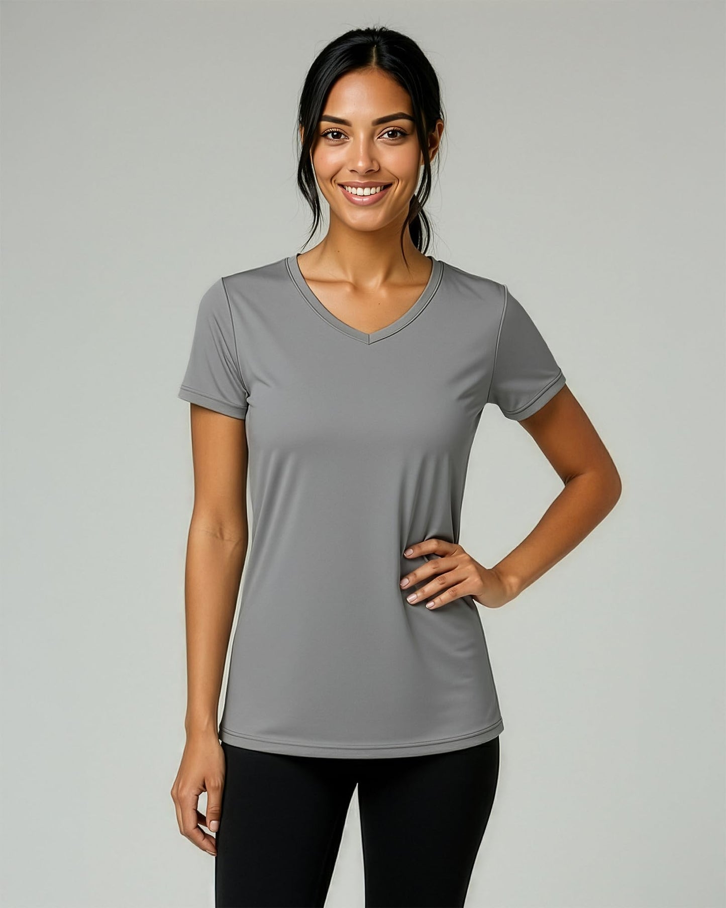 Real Essentials 5 Pack: Women's Dry-Fit Short Sleeve V Neck T Shirt Workout Fitness Yoga Top Tee, Set 10, L