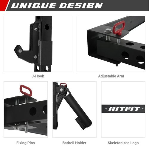 RitFit 2.36'' x 2.36'' Folding Squat Rack for Home Gym, Wall Mounted Squat Rack with Attachments - Space Saving Squat Power Rack, Black