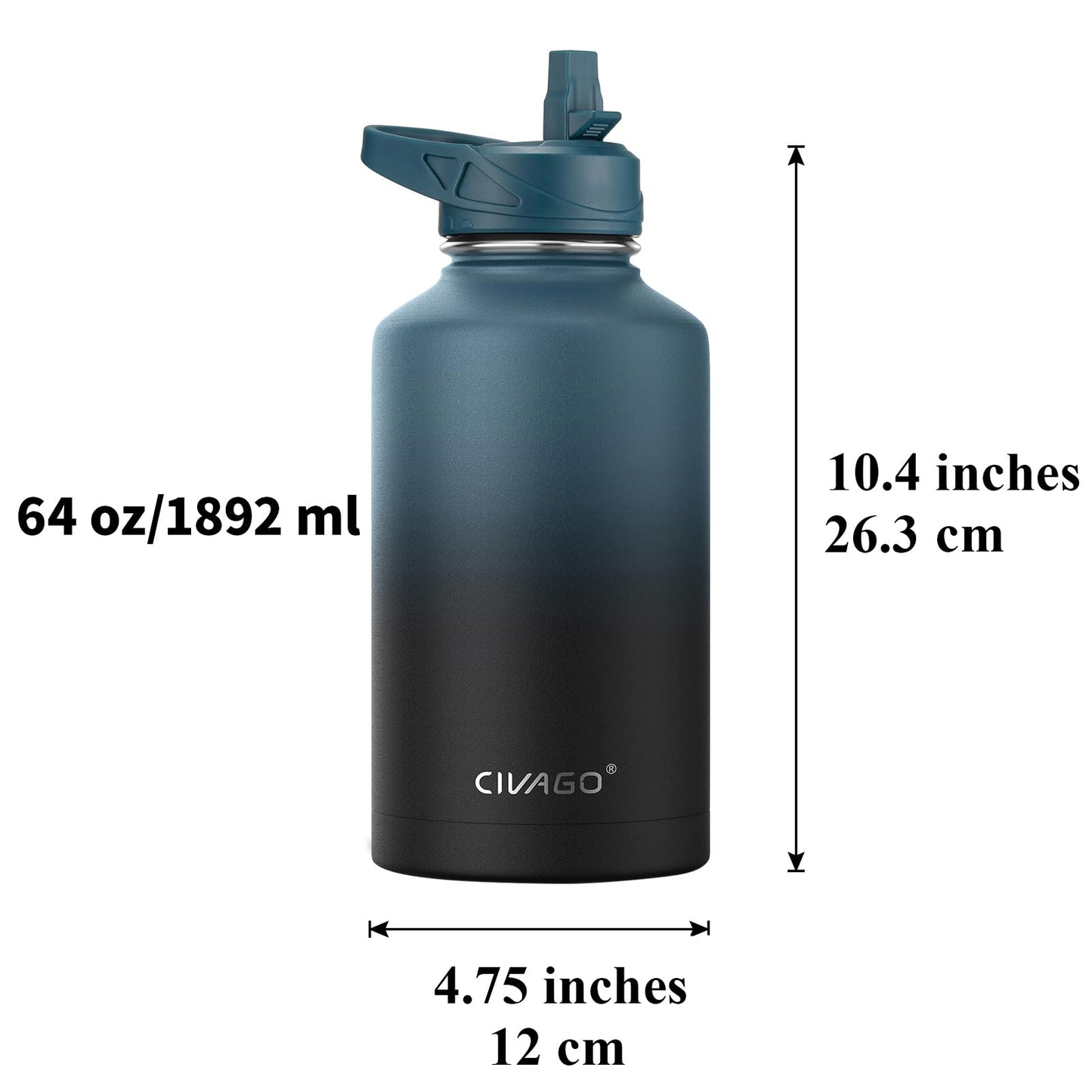 CIVAGO 64 oz Insulated Water Bottle With Straw, Half Gallon Stainless Steel Sports Water Flask Jug with 3 Lids (Straw, Spout and Handle Lid), Large Metal Thermal Cup Mug, Dark Night
