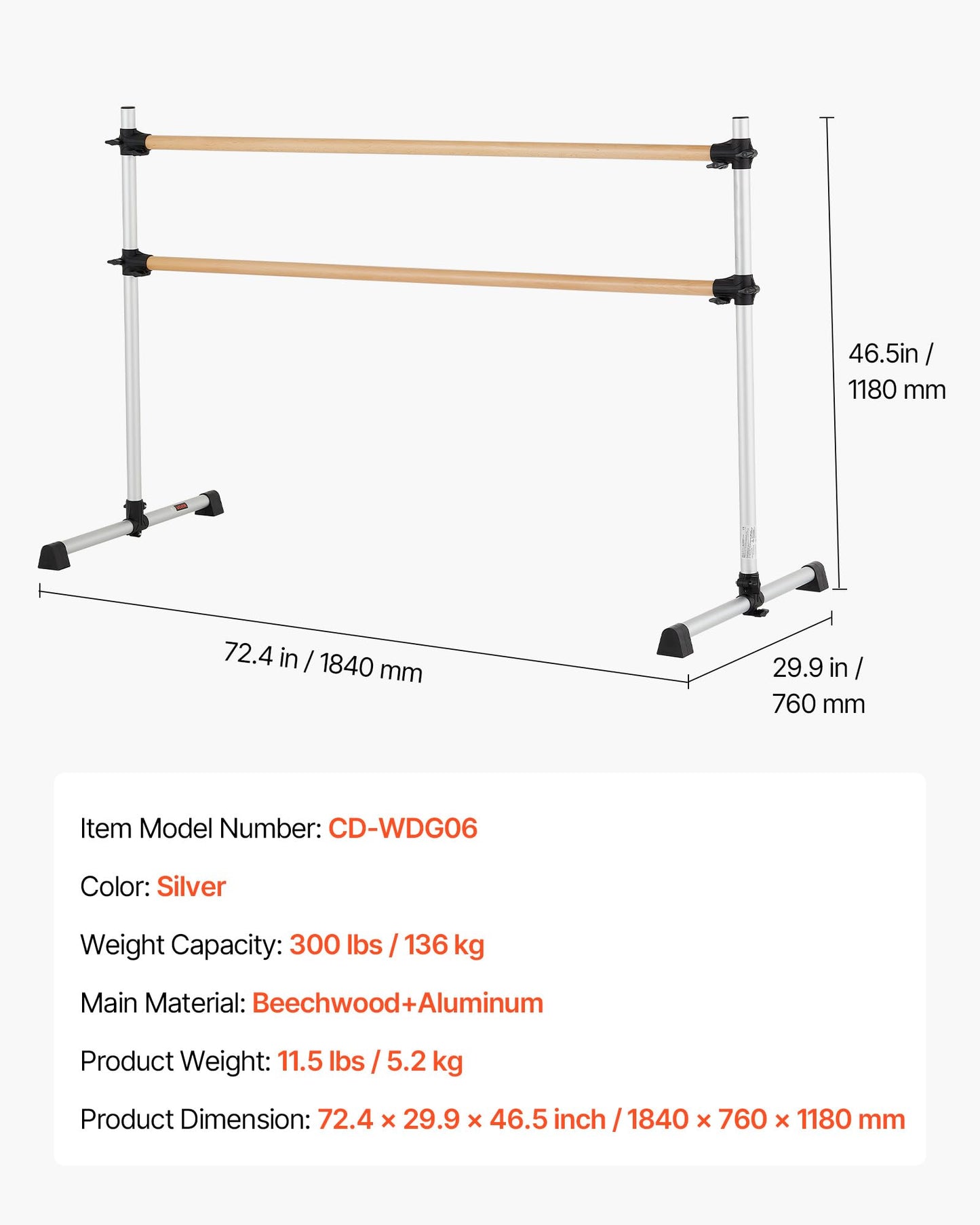 VEVOR Ballet Barre, 6 Ft Double Beechwood Barre Bar for Home, Freestanding Portable Ballet Stretching Dance Bars, Height Adjustable Anti-Wobble Fitness Gym Equipment, for Pilates Balance Workout