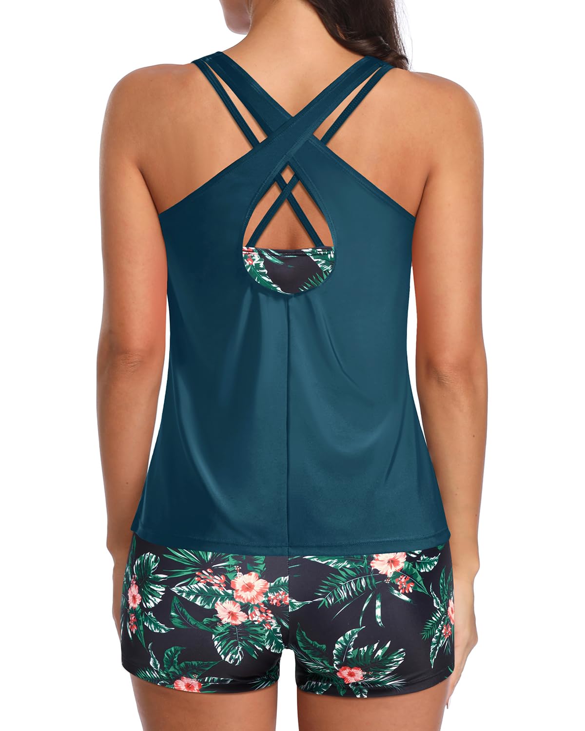 Holipick Green and Flower 3 Piece Tankini Swimsuits for Women Tummy Control Bathing Suits Swim Tank Top with Bra Boy Shorts Teen Swimwear XL