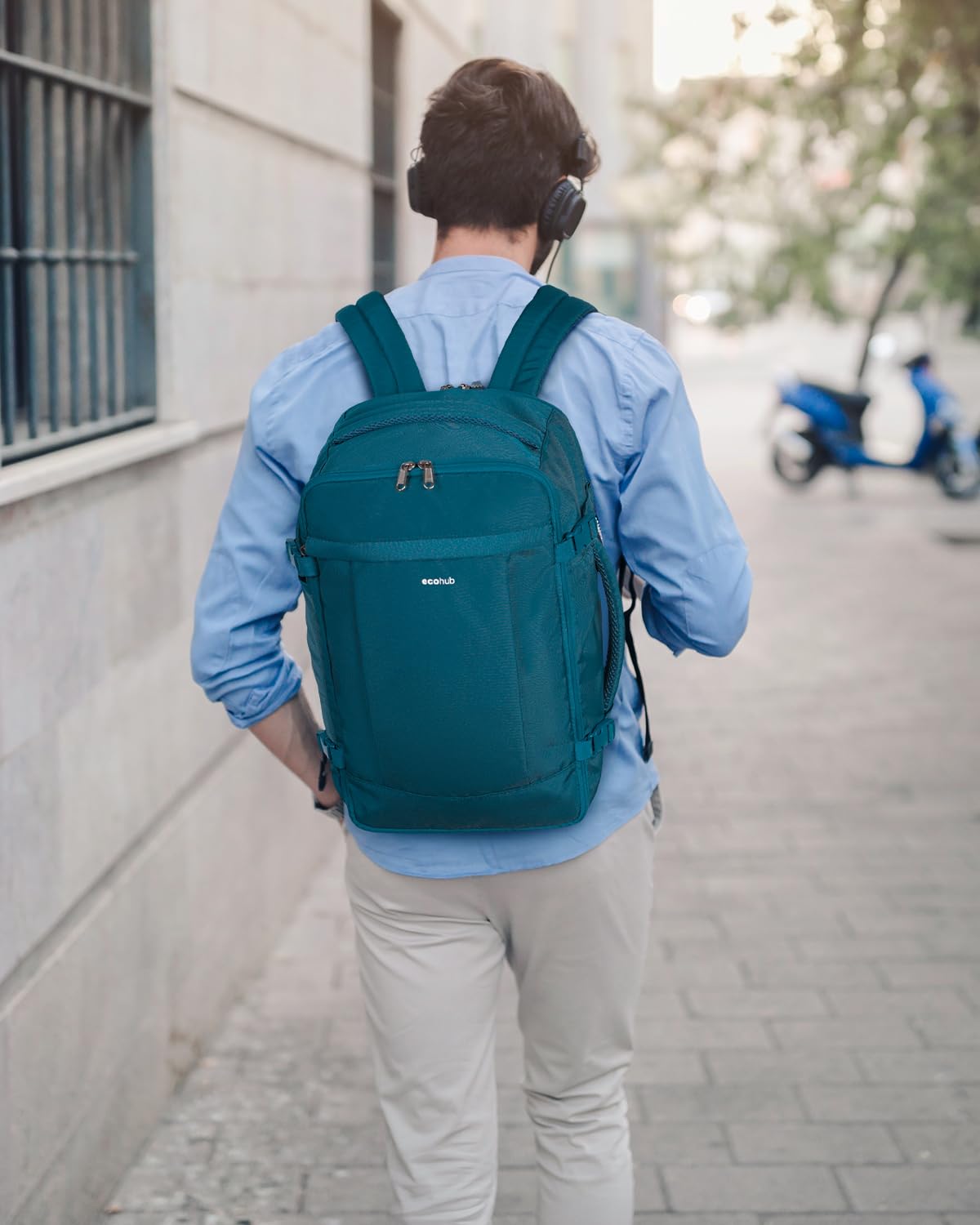 ECOHUB Travel Backpack for Men Women, Carry on Backpack with USB Charging Hole, Spirit Airlines Personal Item Bag Flight Approved, 15.6 Inch Laptop Backpack with Anti Theft Pockets, 30L, Blue Green