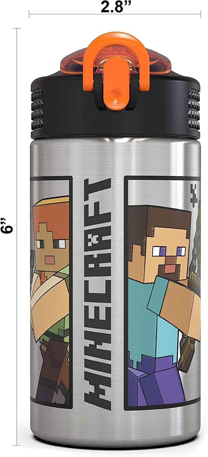 Zak Designs - MICI-V151 Zak Designs 27oz Minecraft 18/8 Stainless Steel Water Bottle with Flip-up Straw Spout and Locking Spout Cover, Durable Cup for Sports or Travel (27oz, Minecraft Creeper)