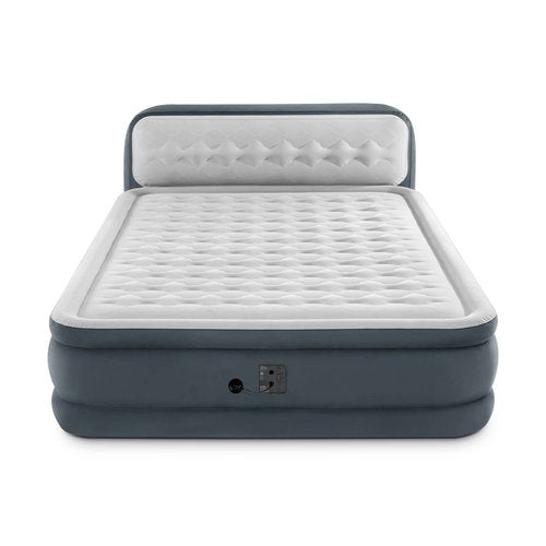 Intex 64447ED Dura-Beam Deluxe Ultra Plush Air Mattress with Headboard: Fiber-Tech – Queen Size – Built-in Electric Pump – 18in Bed Height – 600lb Weight Capacity