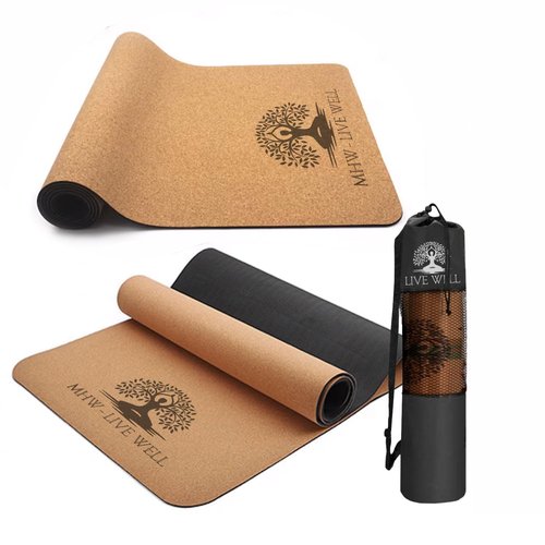 MHW - Live Well Cork Yoga Mat Thick | Non Slip Yoga Mat With Bag | Large Thick Extra Wide And Long | Eco Friendly Yoga Mat Non Toxic | Natural Rubber Mat | Foldable Mat With Strap
