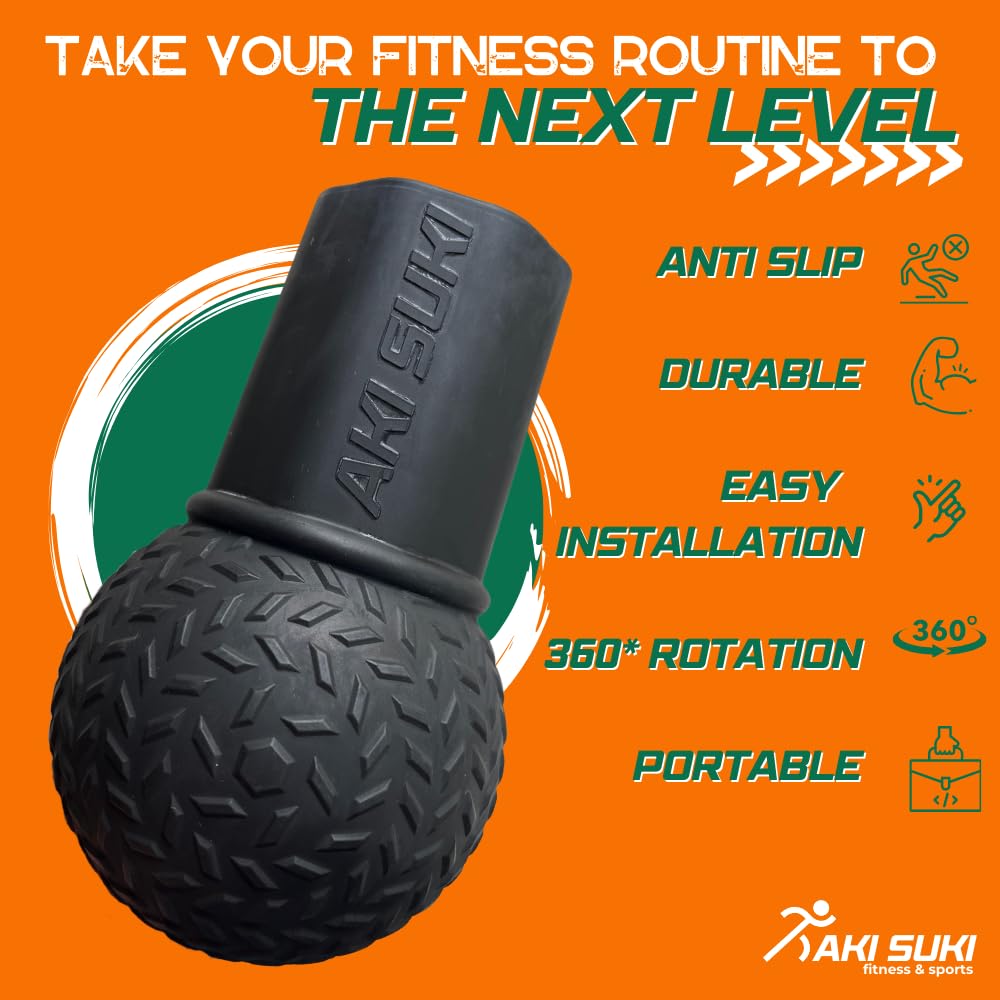 Aki Suki Landmine Attachment for Barbell, with Portable Strap Handle Accessory, Barbell Ball for Press Row Spin Split Squats, Durable Rubber Landmine Bomb Attachment, Fits 2 Inch Olympic Bars