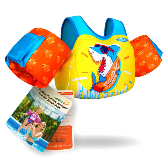 AEOCOO Puddle Float Jumper 30-50-60-66 Pounds, Toddler Swim Vest for 2-3-5-7 Years Old, Pool Floats with Swimming Arm Floaties Swim Jacket for Kids Swimmies, Boys, Girls, Niños, Shark