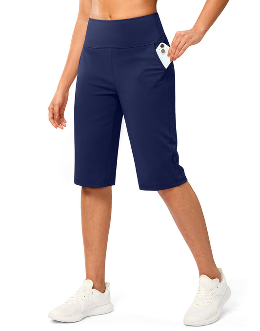 G Gradual Women's Bermuda Long Shorts 14" Knee Length Capris with Pockets High Waisted Athletic Casual Shorts for Women(Navy,M)