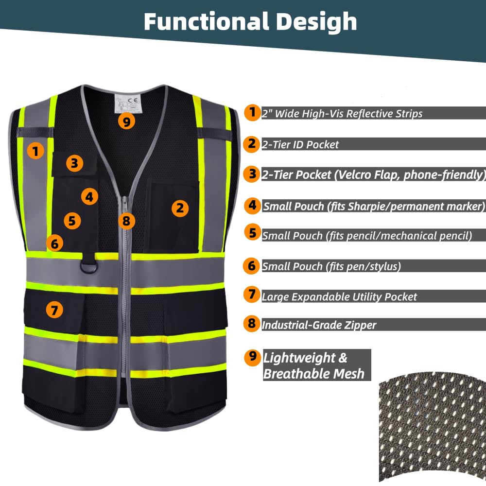 IDOU Black Hi Vis Safety Vest for Security Men Women, Reflective Work Vest with 8 Pockets, Zipper & Breathable Mesh/L