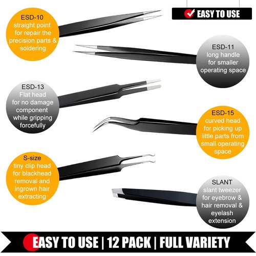 Antonki 12 Pack Precision Tweezers Set for Craft, Soldering, Jewelry, Facial Hair, Eyebrow, Ingrown Hair Removal, Eyelash Extension- with Case