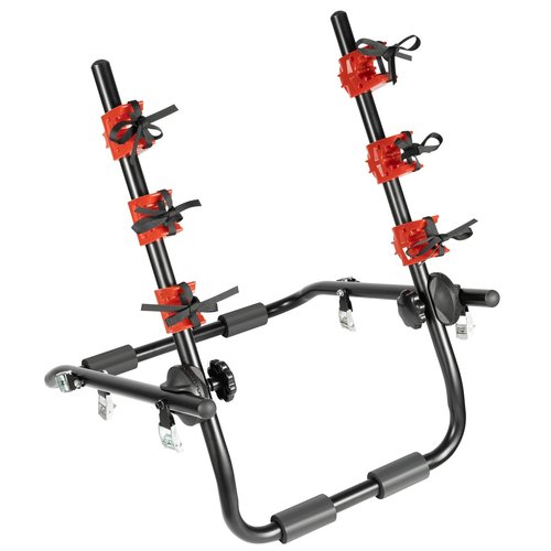 PSUFURV Bike Rack for Car, Bike Rack with Nylon Webbing and Iron Buckle Contain 3 Bicycles Car Bikes Racks for Most Hatchbacks Sedans SUV and Vans (Black, Red)
