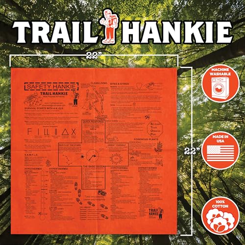 Safety Hankie Bandana For Hiking, Camping, Outdoor Survival - Neckwear/Face Mask/Handkerchief - Made in the USA 100% Cotton, Machine Washable, Orange Bandana