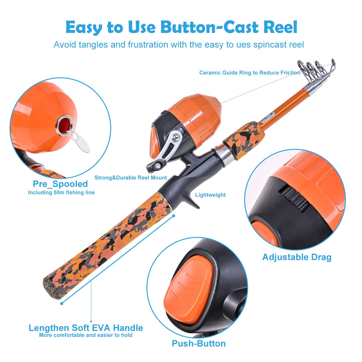 CODEK Kids Fishing Pole Set with Full Starter Kits 2 Set Portable Telescopic Fishing Rod and Spincast Reel Cambos with a Fishing Net and 2 Buckets for Boys Girls and Youth (Orange)
