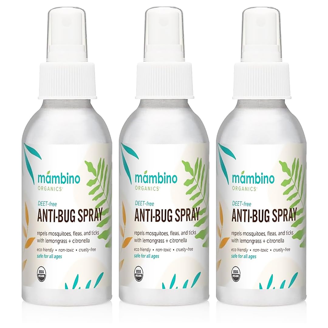 Mambino Organics Anti-Bug Spray, DEET-Free, Organic Mosquito Repellent with Essential Oils, Reef Safe, Face-Safe Protection for Babies, Kids, and Adults, Travel Bug Spray, 2.7oz, 3-Pack