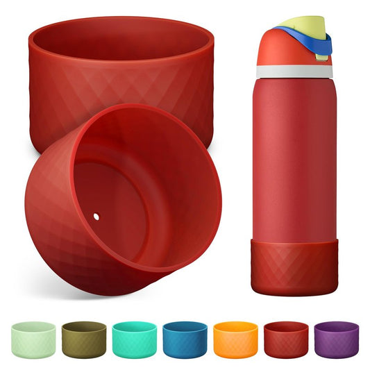 2PCS Silicone Water Bottle Boot for Owala 32 Oz, Anti-Slip Protective Sleeve Bottom Bumper Protector for FreeSip, Twist, and Flip Stainless Steel Water Bottles (Dark Red)
