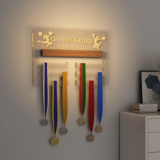 Ammonite Light up Cheerleader Medal Hanger Display, Holder Rack for Awards or Ribbons, Sports Themed Ribbon Holder for Wall, Tiered Award Rack