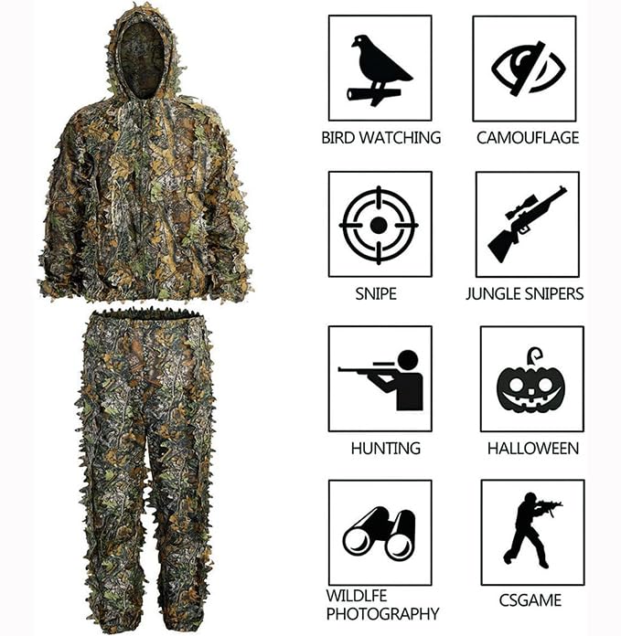 Men's Ghillie Suit with 3D Leaf Camouflage for Hunting, Outdoor & Halloween - Tall Fit (5.9-6.2ft)