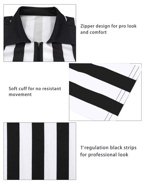 ChinFun Women's Ref Shirt Zipper Collared Black and White Stripe Umpire Jersey Shirt for Basketball Football Soccer Rugby Sports Halloween Size M
