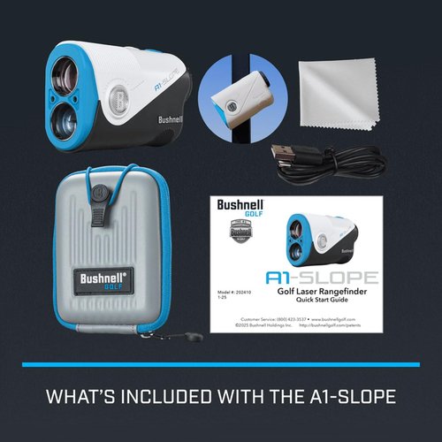 Bushnell Golf A1-Slope Ultra-Compact Laser Rangefinder | Slope Compensation, Magnetic Skin, PinSeeker, 6X Magnification, 1300 Yard Range, LCD Display, Signature Series Power Bundle