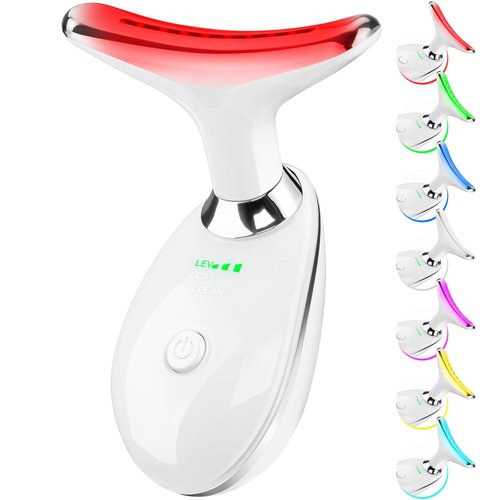 OCAWAYEE Face and Neck Massager Tool, 7 Colors LED Light Therapy Wand for Wrinkles, Double Chin, Portable Facial Massager with Vibrating and Thermals for Skin Care, Glossy White