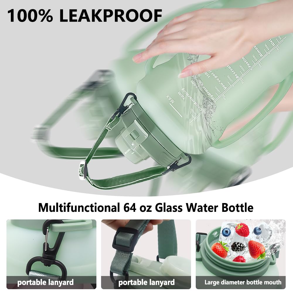 LELExilan 64oz Foldable Silicone Water Bottle with Straw, BPA-Free Motivational Time Marker, Leakproof Collapsible Water Jug with Handle for Gym, Sports, Camping & Outdoor Activities (Green)