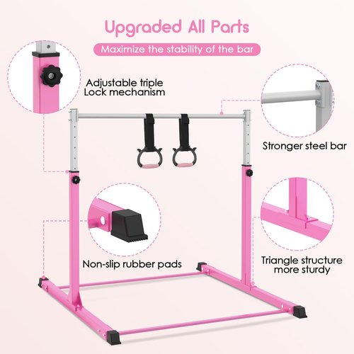 Safly Fun Gymnastics Bar for Kids Ages 3-15 for Home - Steady Steel Construction, Anti-Slip, Easy to Assemble, 3' to 5' Adjustable Height
