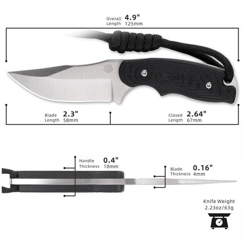 REAT Fixed Blade Knife with Kydex Sheath, 5" 14C28N Steel Blade with Full Tang Desgin,Ergonomic G10 Handle, Mini Neck Knife for Camping,Hunting,Outdoor