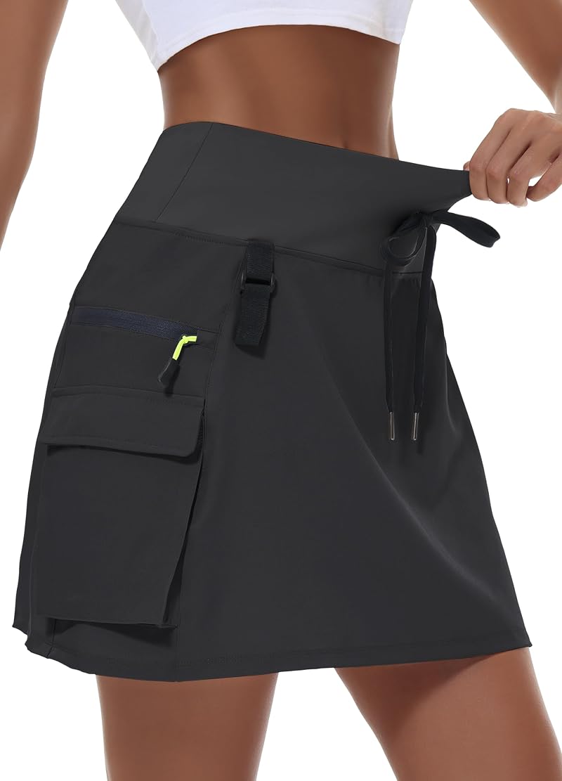 MIVEI Women's Hiking Cargo Skorts with Zipper Pockets, Black, Medium