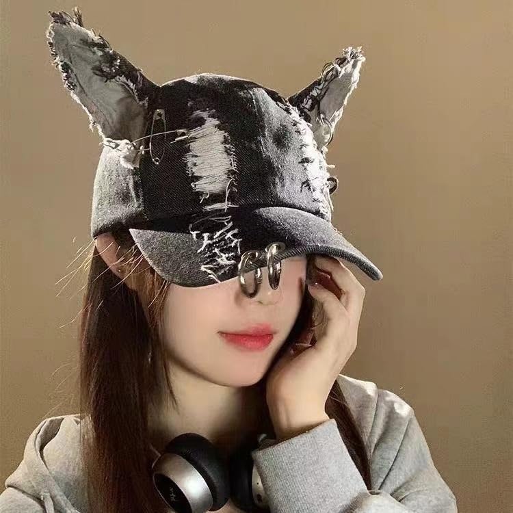 Cat Ear Baseball Cap Women Trucker Hat Distressed Denim Grunge Aesthetic