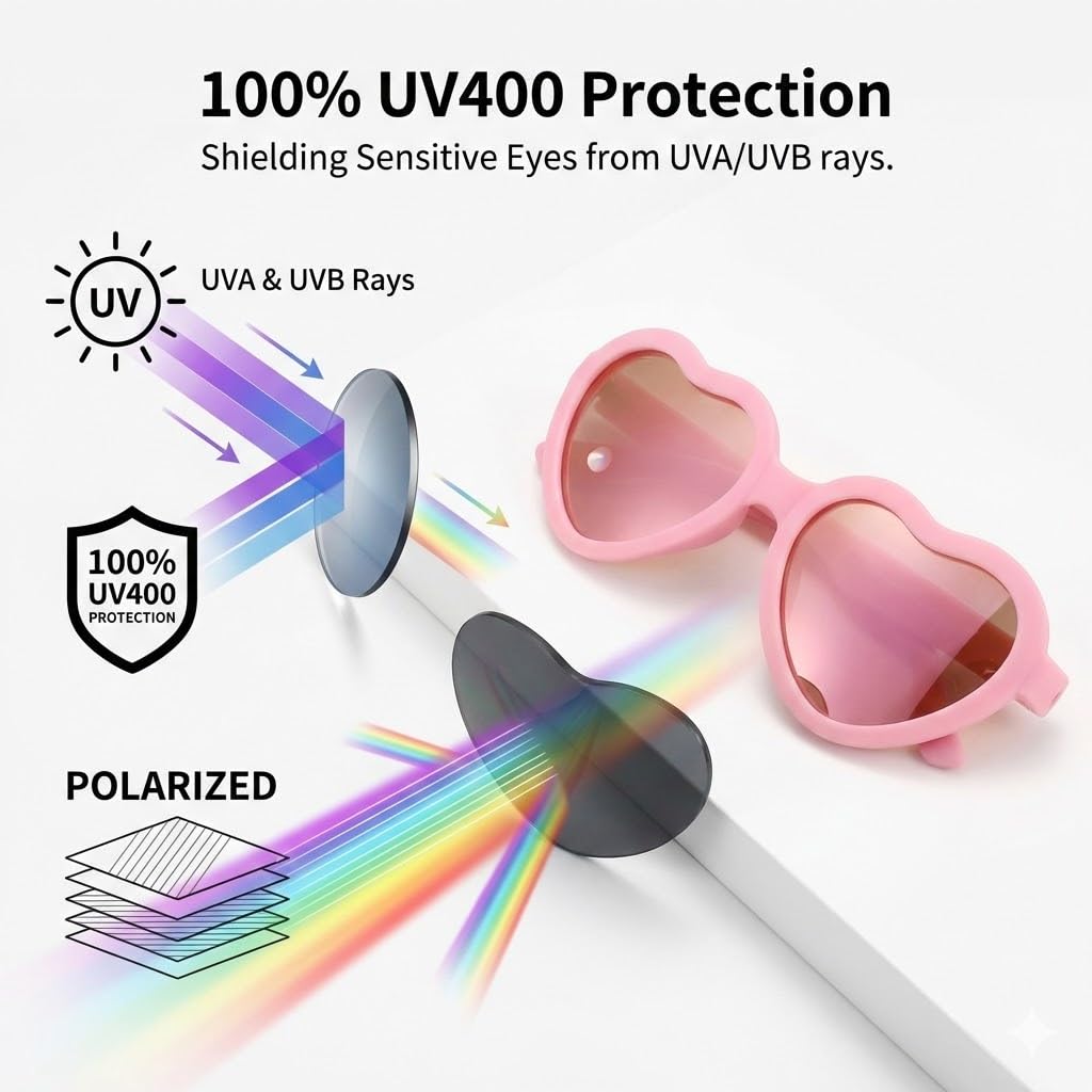 GLARDEFE Kids Heart Polarized Sunglasses - TPEE Rubber Flexible Toddler Sunglasses with Strap for Girls Boys Age 2-8(Pink/Pink Mirror + Purple/Purple Mirror), Medium