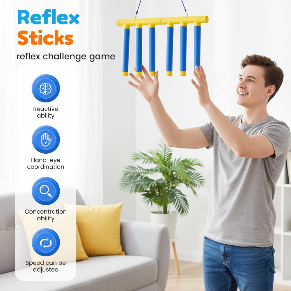 NEKSKA Reflex Sticks Rebounce Game, Reflex Challenge Game, Falling Sticks Reaction Time Trainer with Adjustable Speed Modes for Home, Office & Team Activities (Yellow)
