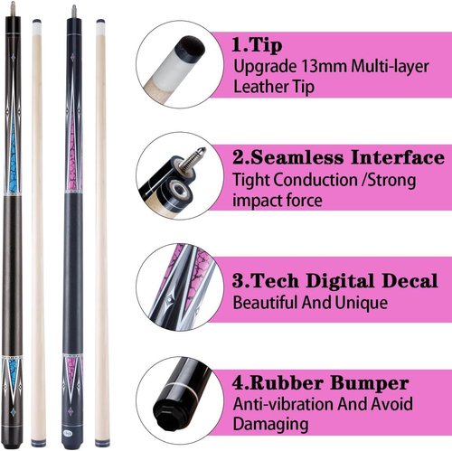 Tiekerbilir 48 Inch Short Pool Cue Stick for Beginners, Canadian Maple Billiard Cues for Tight Spaces, 48 inch Billiards Cue Stick Junior Size Cues (Set 2)