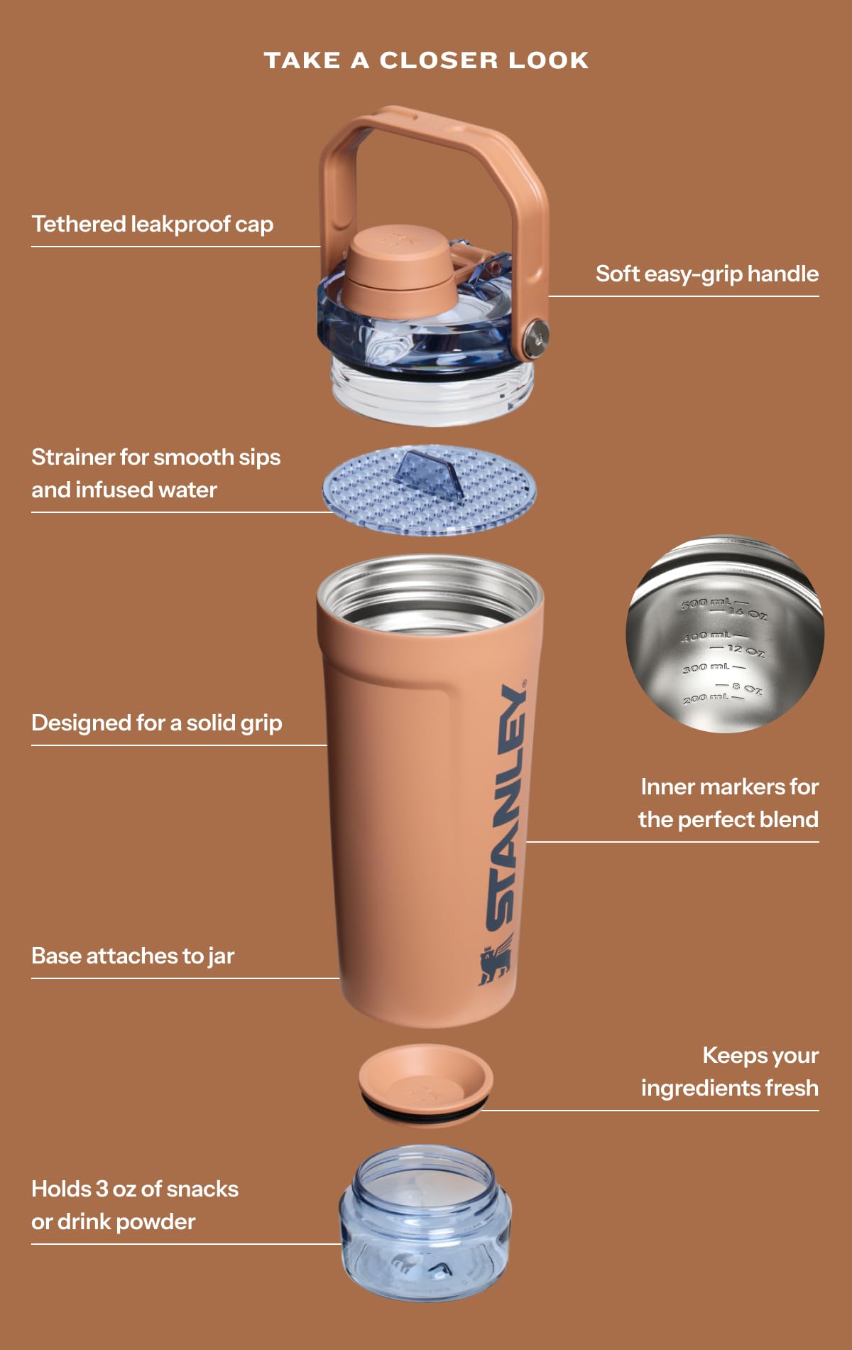 STANLEY Vitalize Shaker Bottle 20 oz | Leakproof Insulated Stainless Steel Shaker Cup | Base Storage and Twist On Fast Flow Lid | Protein Shakes and Pre Workout Powder | BPA-Free | Chili Red