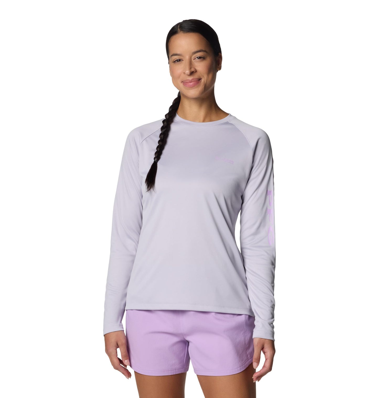 Columbia Womens PFG Tidal Tee II Long Sleeve Sun Protection Shirt, Lavender Pearl/Hydrangea Logo, Large
