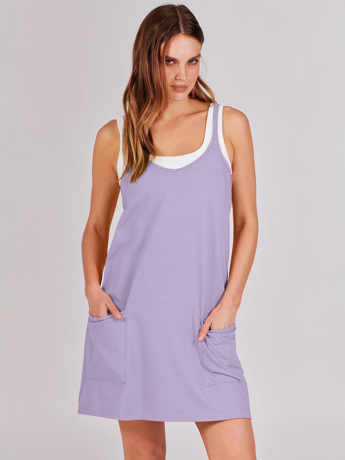 ANRABESS Women Athletic Dress Summer Tennis Workout Active Sports Mini Romper Dress Built in Shorts Travel Vacation Clothes Light Purple X-Smal